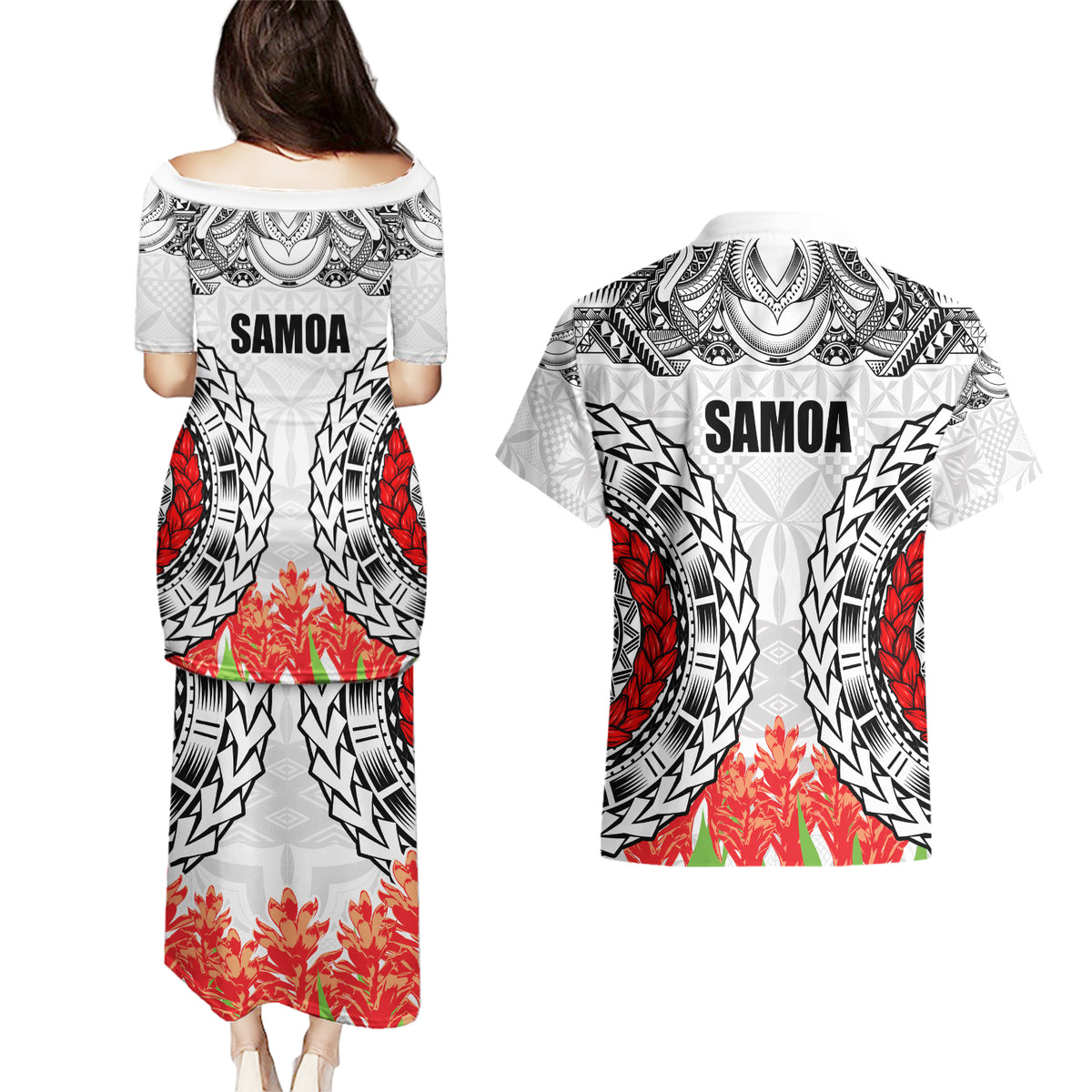 Samoa Siapo Ula Fala Couples Matching Puletasi and Hawaiian Shirt With Ginger Plant White Color LT03 - Polynesian Pride