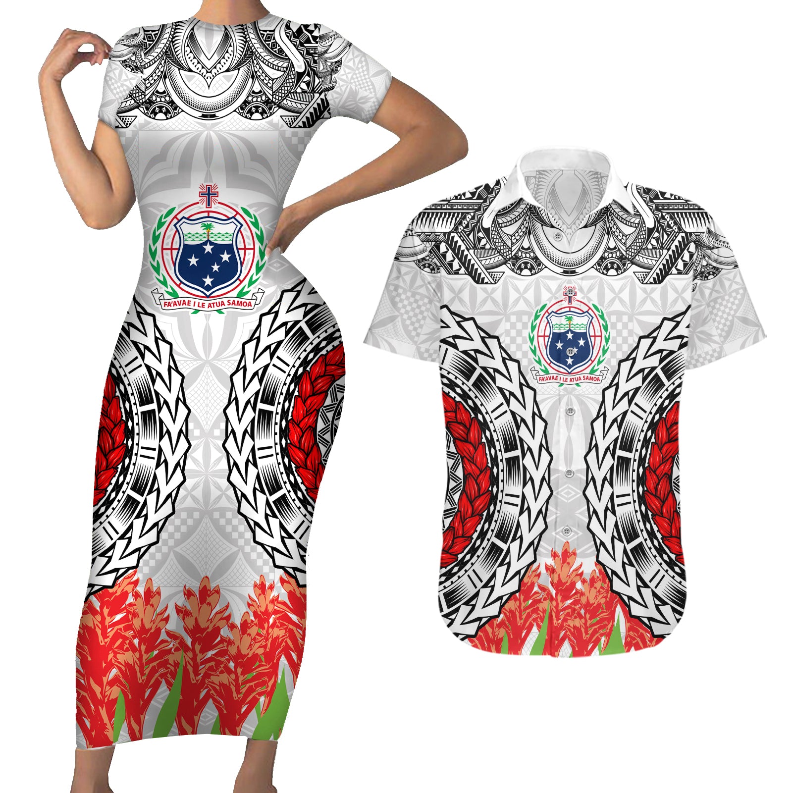 Samoa Siapo Ula Fala Couples Matching Short Sleeve Bodycon Dress and Hawaiian Shirt With Ginger Plant White Color LT03 White - Polynesian Pride