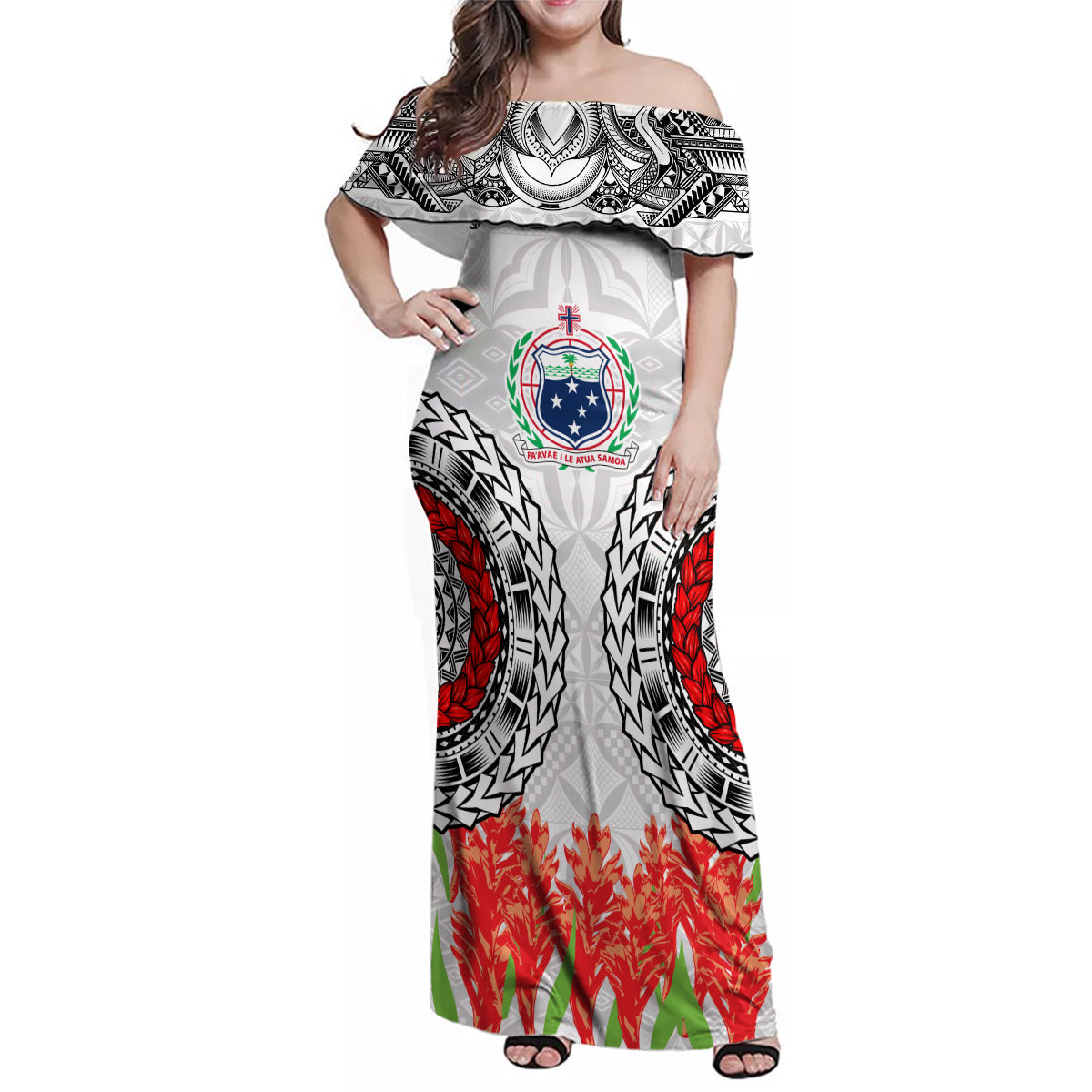Samoa Siapo Ula Fala Family Matching Off Shoulder Maxi Dress and Hawaiian Shirt With Ginger Plant White Color LT03 Mom's Dress White - Polynesian Pride