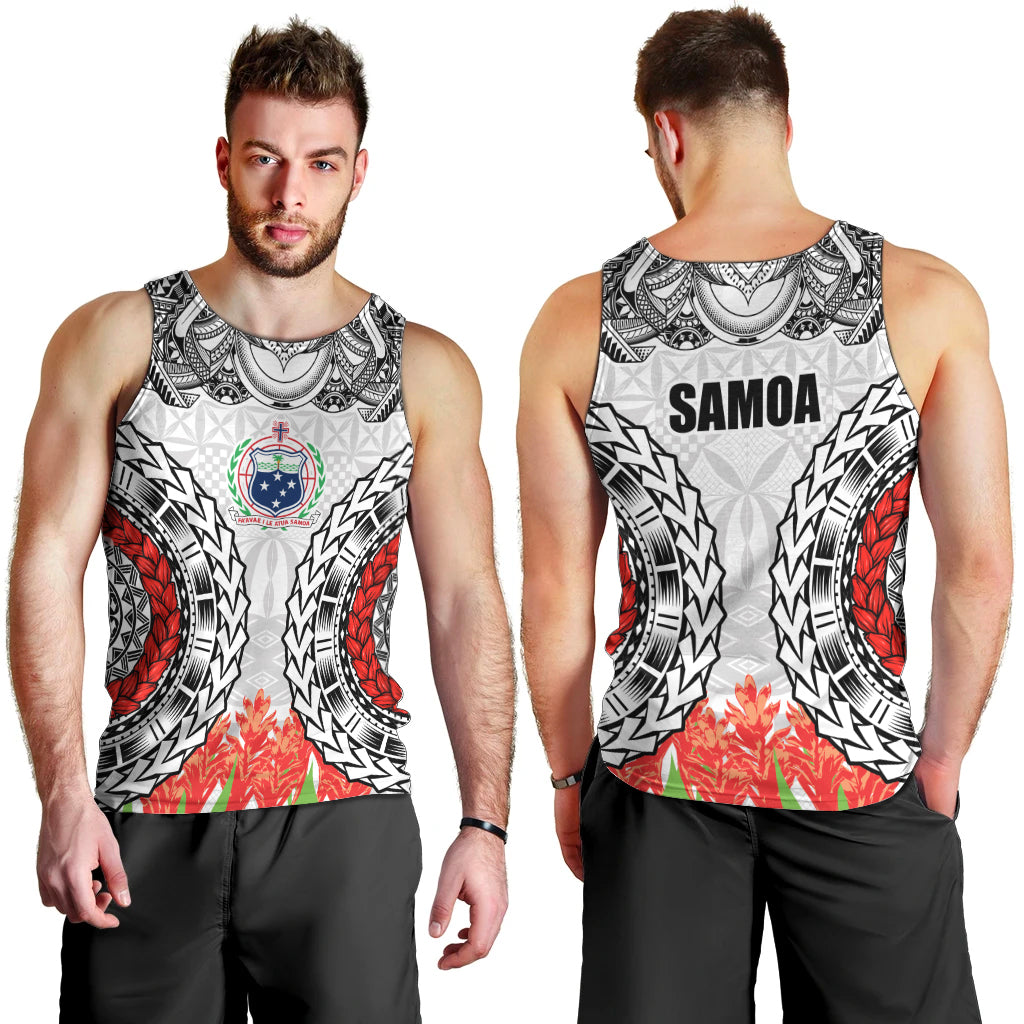 Samoa Siapo Ula Fala Men Tank Top With Ginger Plant White Color LT03 - Polynesian Pride