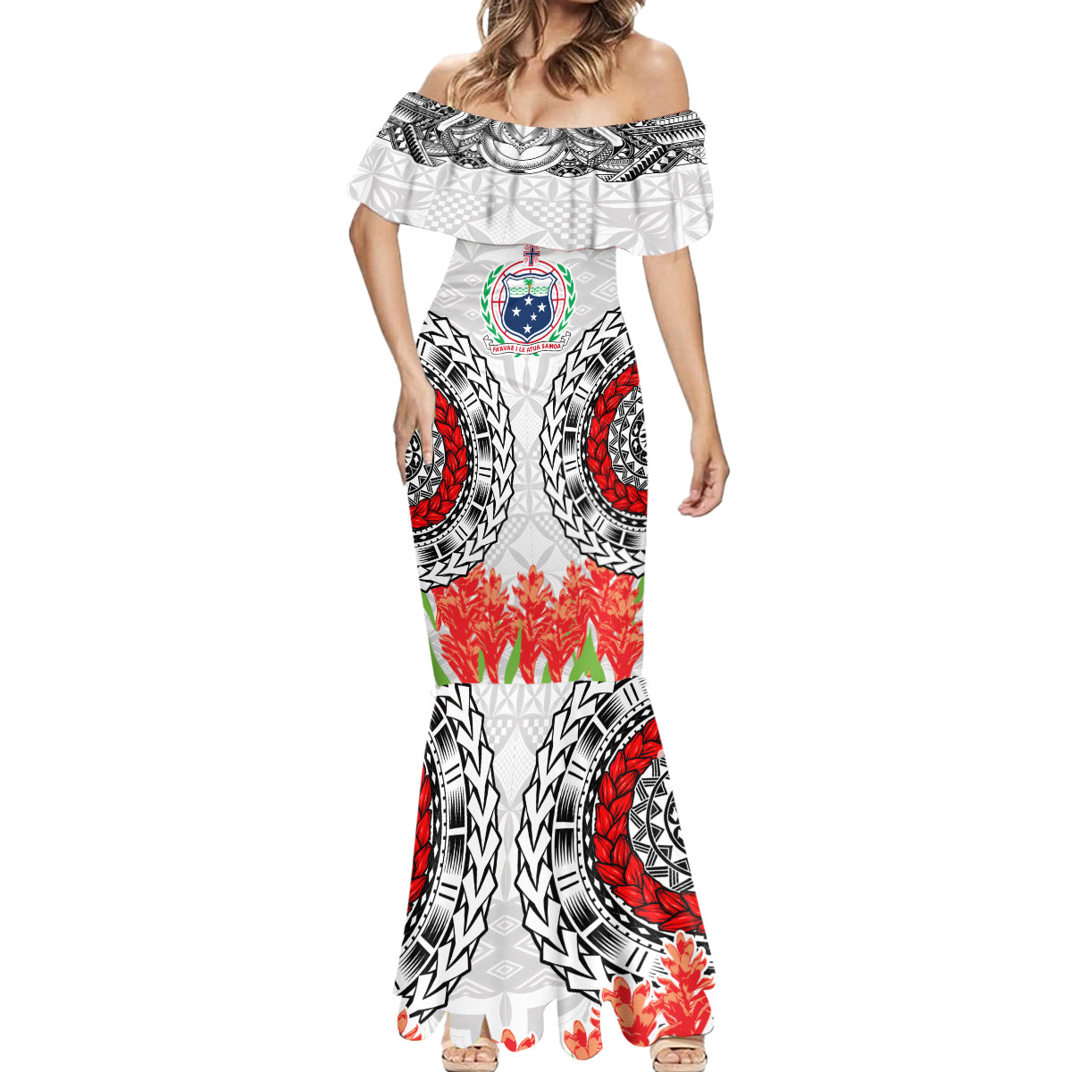 Samoa Siapo Ula Fala Mermaid Dress With Ginger Plant White Color LT03 - Polynesian Pride