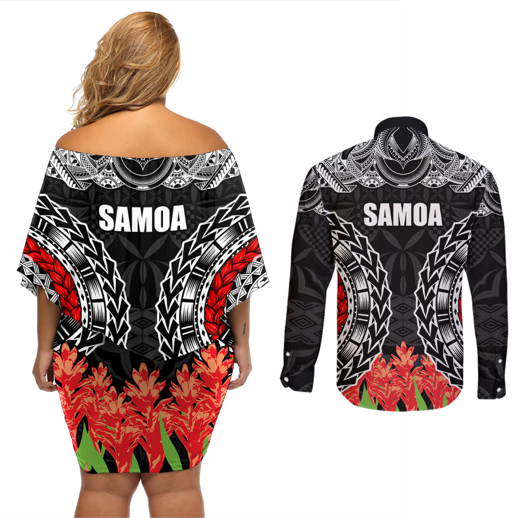 Samoa Siapo Ula Fala Couples Matching Off Shoulder Short Dress and Long Sleeve Button Shirt With Ginger Plant Black Color LT03 - Polynesian Pride