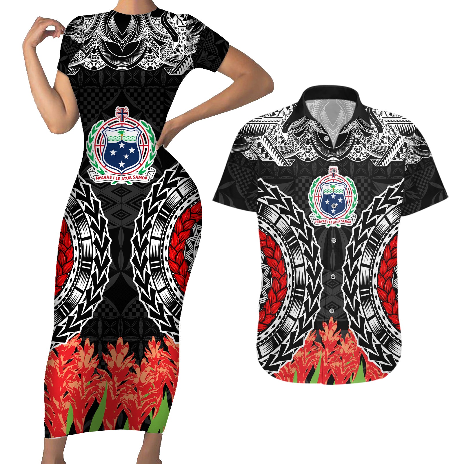 Samoa Siapo Ula Fala Couples Matching Short Sleeve Bodycon Dress and Hawaiian Shirt With Ginger Plant Black Color LT03 Black - Polynesian Pride