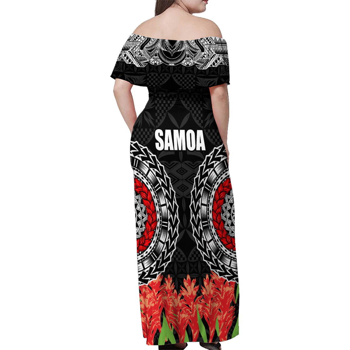 Samoa Siapo Ula Fala Family Matching Off Shoulder Maxi Dress and Hawaiian Shirt With Ginger Plant Black Color LT03 - Polynesian Pride