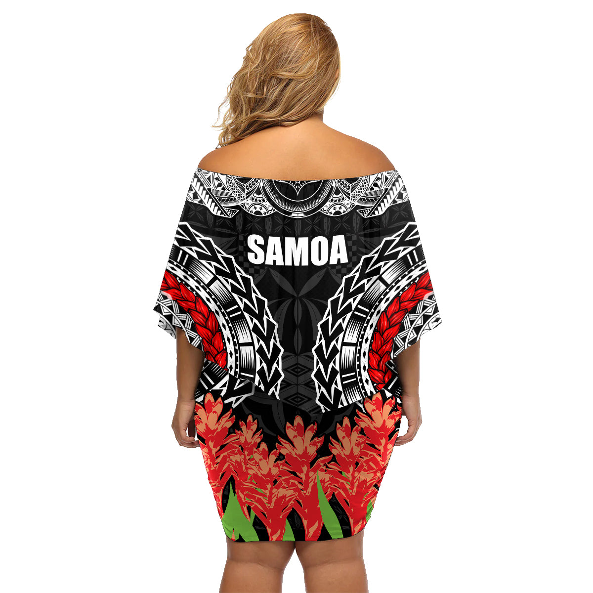 Samoa Siapo Ula Fala Family Matching Off Shoulder Short Dress and Hawaiian Shirt With Ginger Plant Black Color LT03 - Polynesian Pride