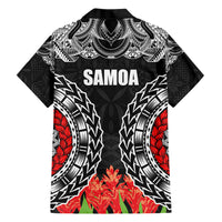 Samoa Siapo Ula Fala Family Matching Short Sleeve Bodycon Dress and Hawaiian Shirt With Ginger Plant Black Color LT03 - Polynesian Pride