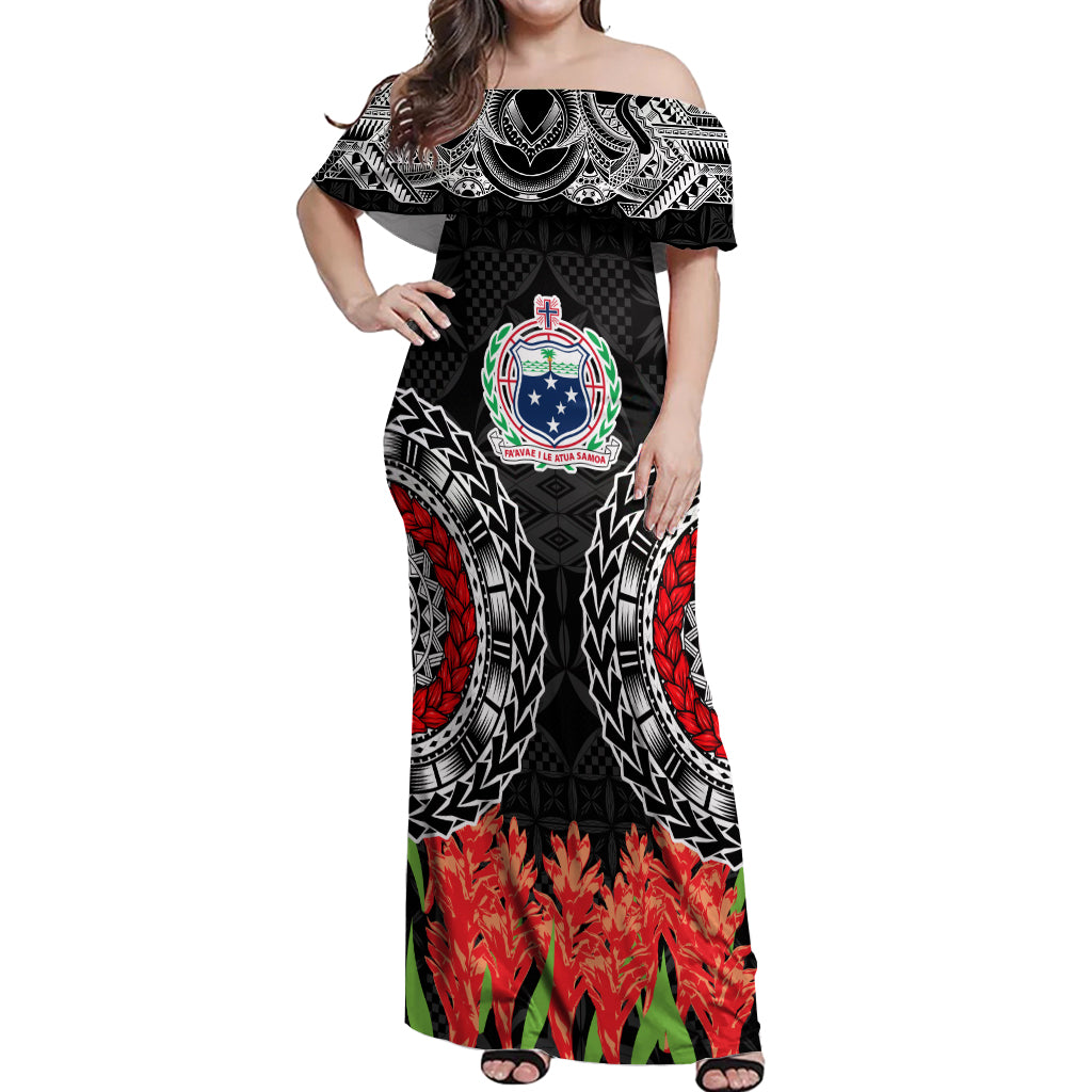 Samoa Siapo Ula Fala Off Shoulder Maxi Dress With Ginger Plant Black Color LT03 Women Black - Polynesian Pride