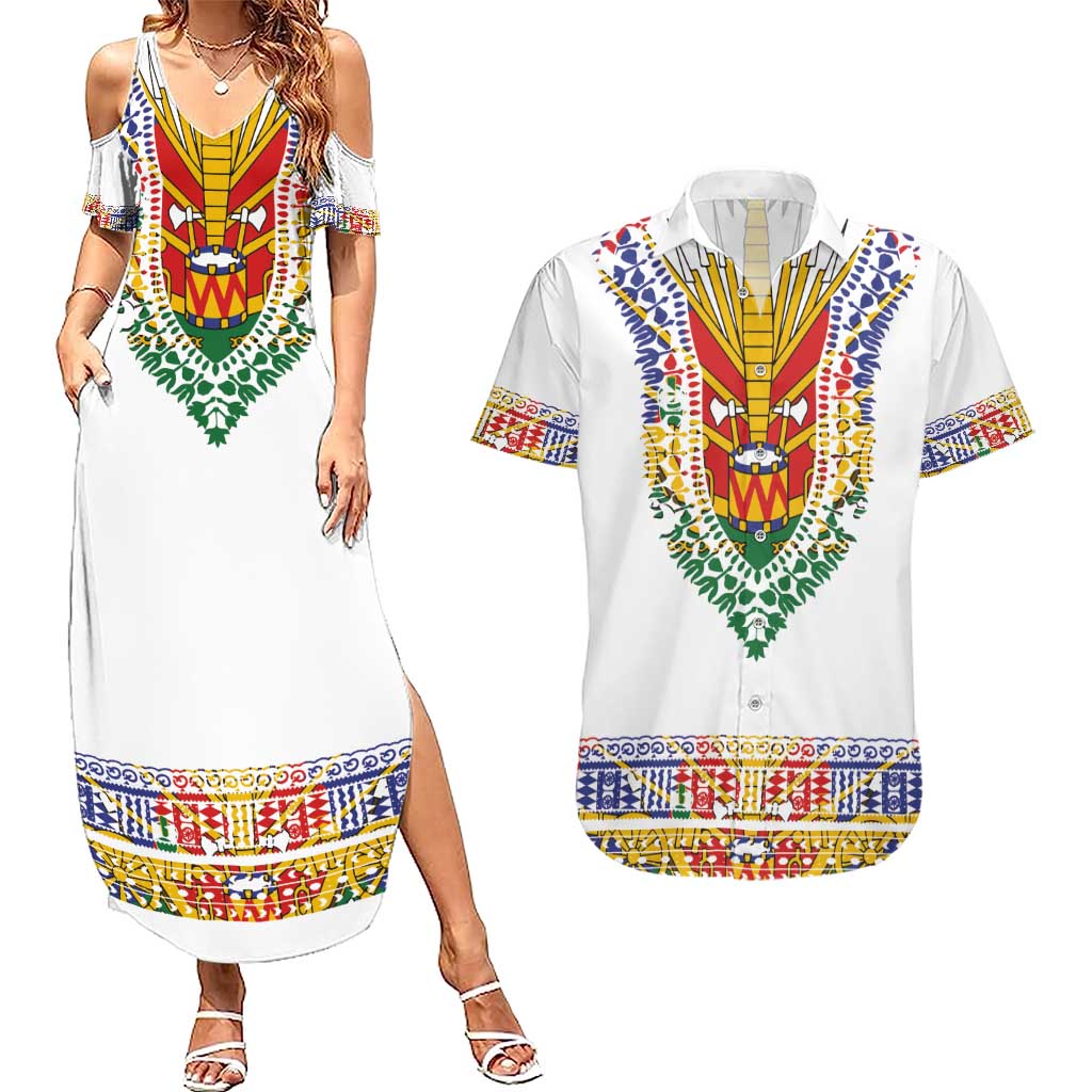 Haiti Flag Traditional Dashiki Couples Matching Summer Maxi Dress and Hawaiian Shirt White Color LT03 White - Polynesian Pride