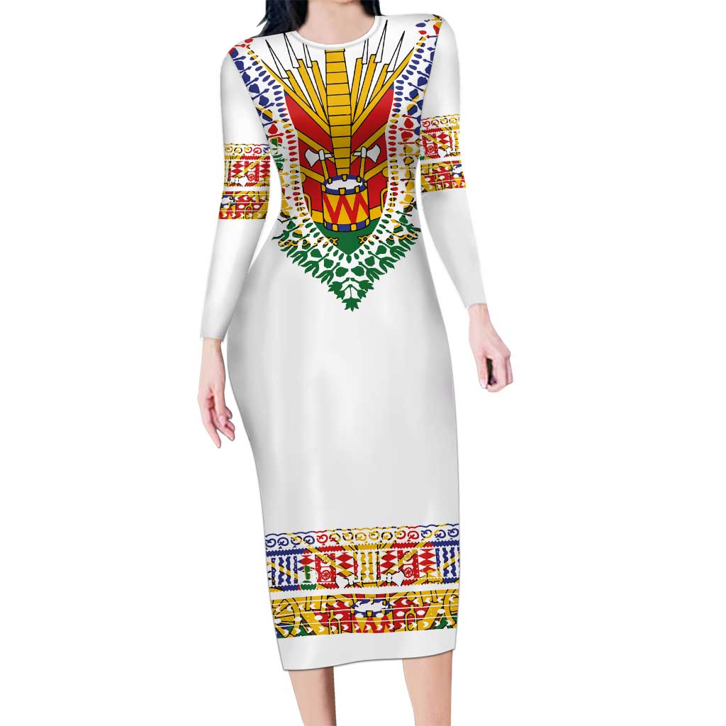 Haiti Flag Traditional Dashiki Family Matching Long Sleeve Bodycon Dress and Hawaiian Shirt White Color LT03 Mom's Dress White - Polynesian Pride