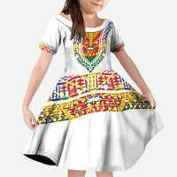 Haiti Flag Traditional Dashiki Family Matching Short Sleeve Bodycon Dress and Hawaiian Shirt White Color LT03 Daughter's Dress White - Polynesian Pride