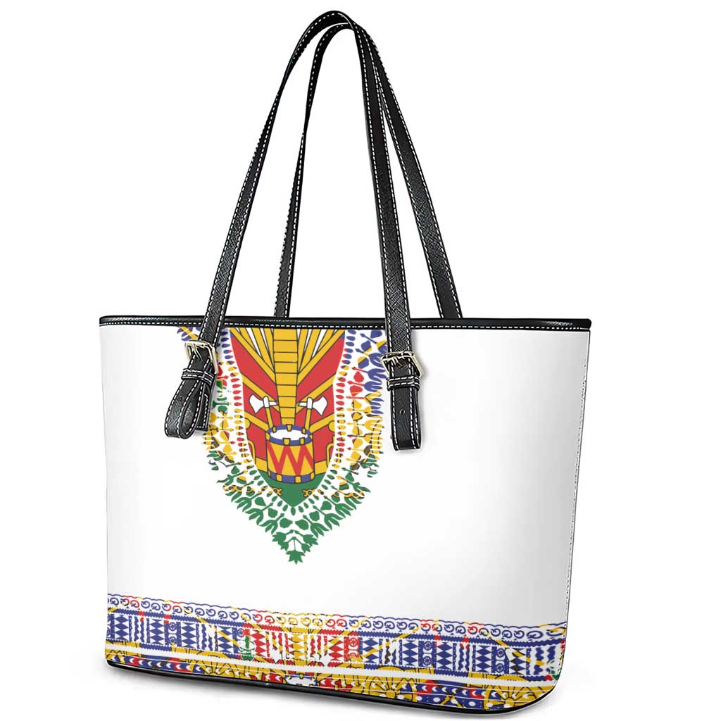 Haiti Flag Traditional Dashiki Leather Tote Bag White Color LT03 - Polynesian Pride