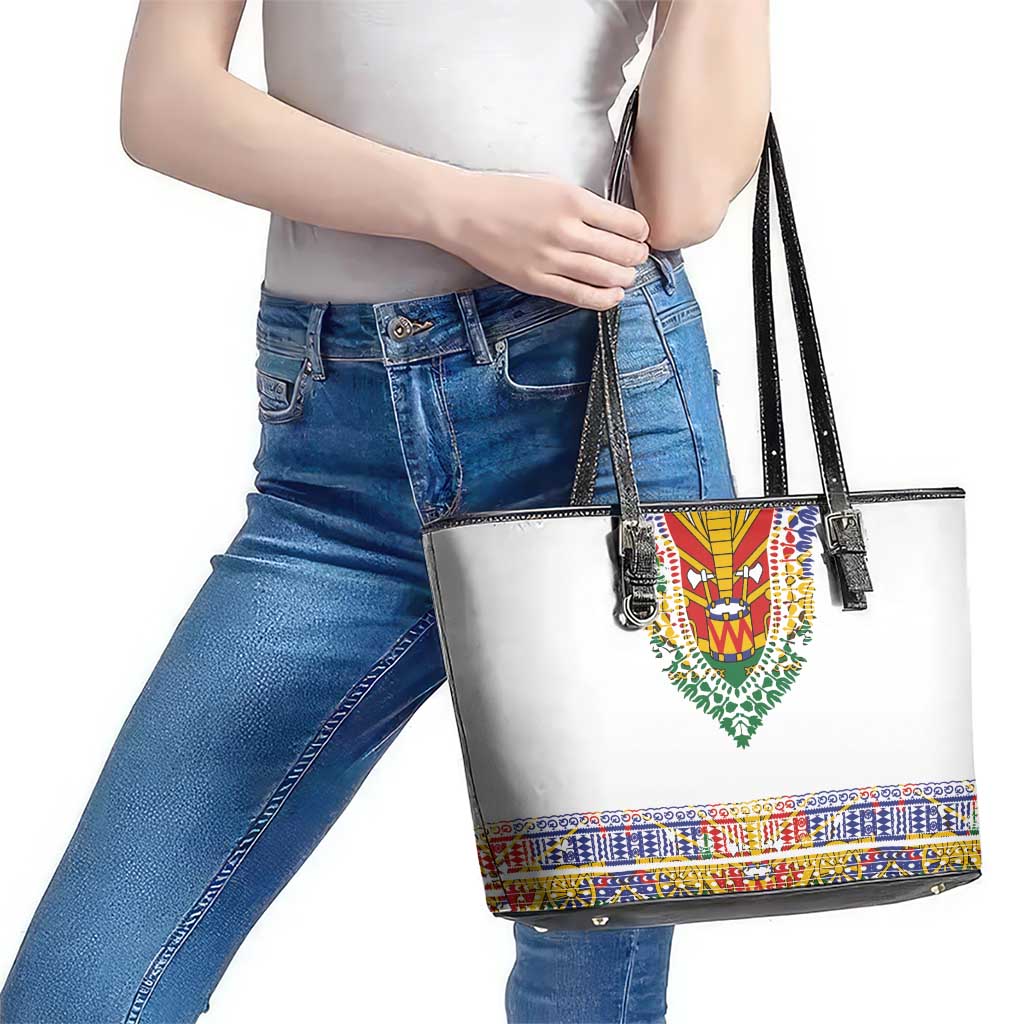 Haiti Flag Traditional Dashiki Leather Tote Bag White Color LT03 - Polynesian Pride