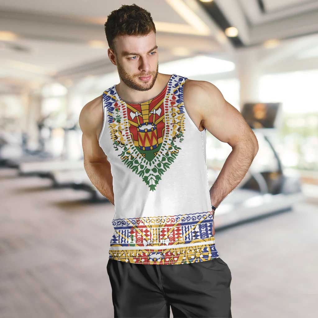 Haiti Flag Traditional Dashiki Men Tank Top White Color - Polynesian Pride
