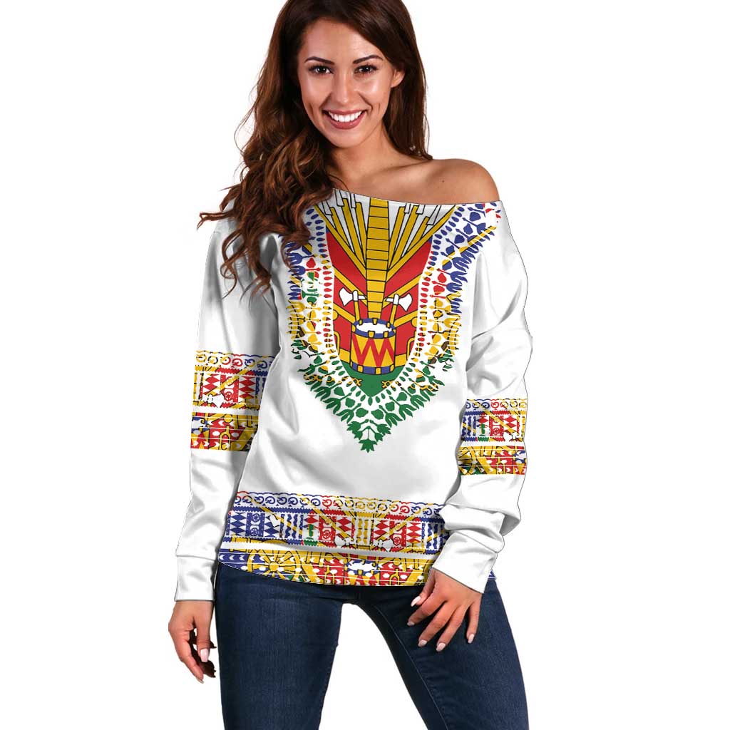 Haiti Flag Traditional Dashiki Off Shoulder Sweater White Color - Polynesian Pride
