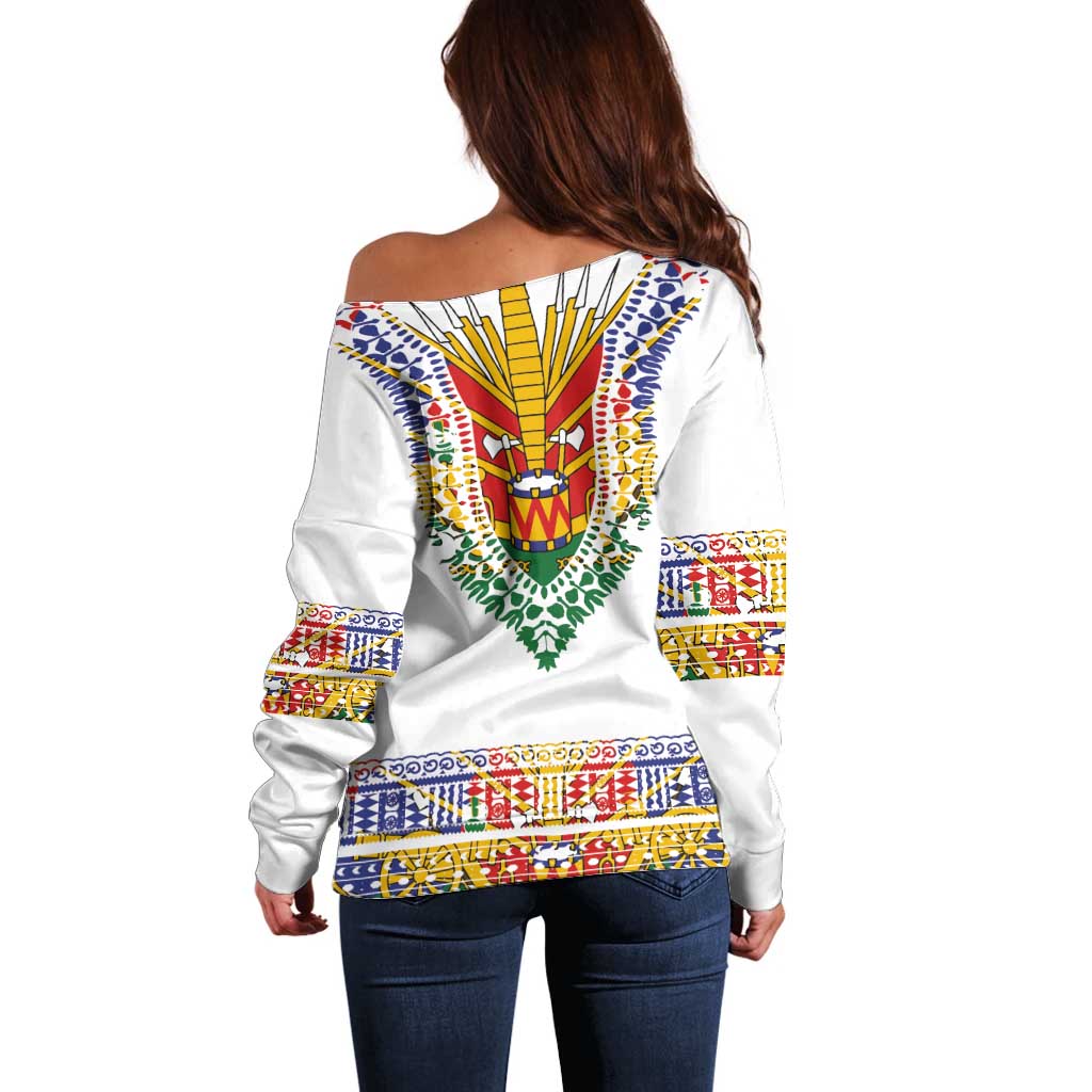 Haiti Flag Traditional Dashiki Off Shoulder Sweater White Color - Polynesian Pride