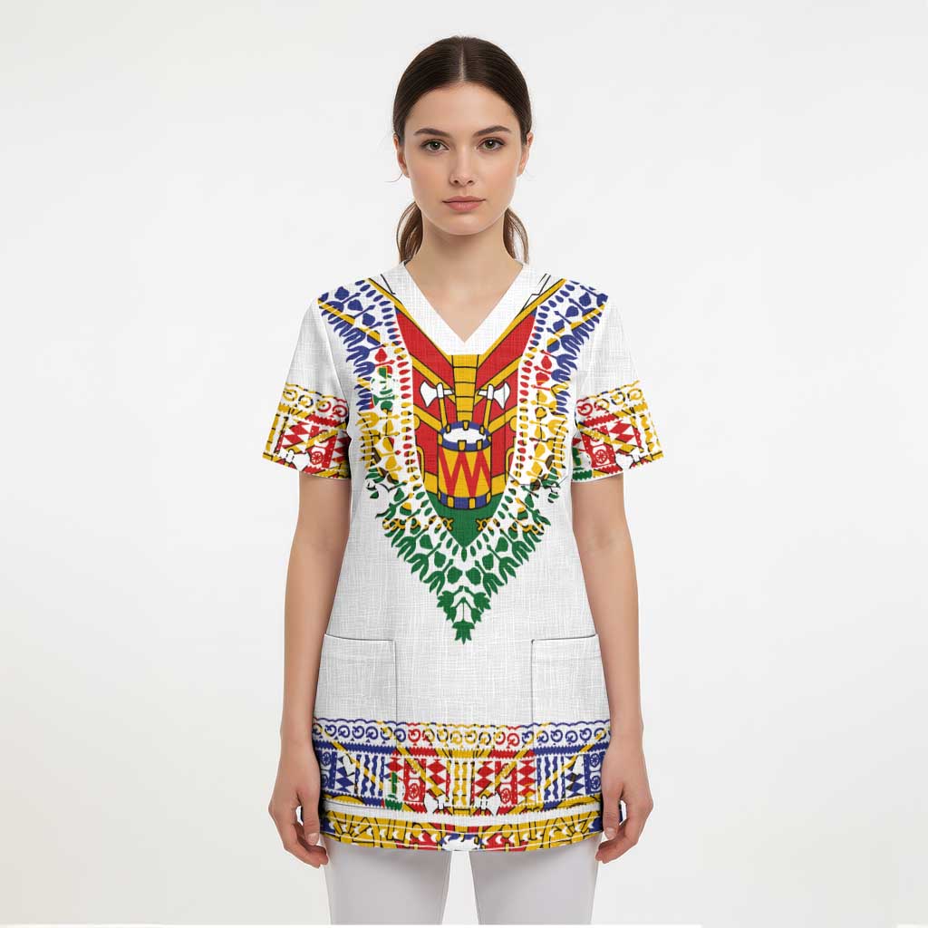 Haiti Flag Traditional Dashiki Scrub Top White Color - Polynesian Pride