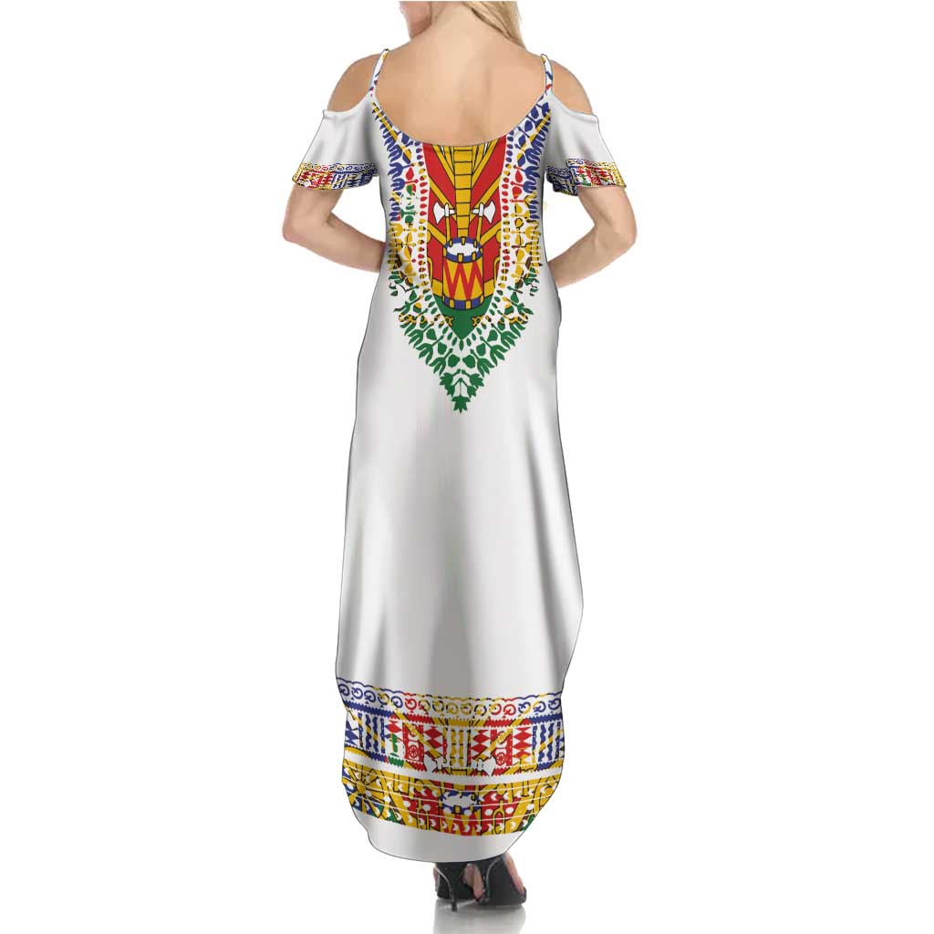 Haiti Flag Traditional Dashiki Summer Maxi Dress White Color - Polynesian Pride