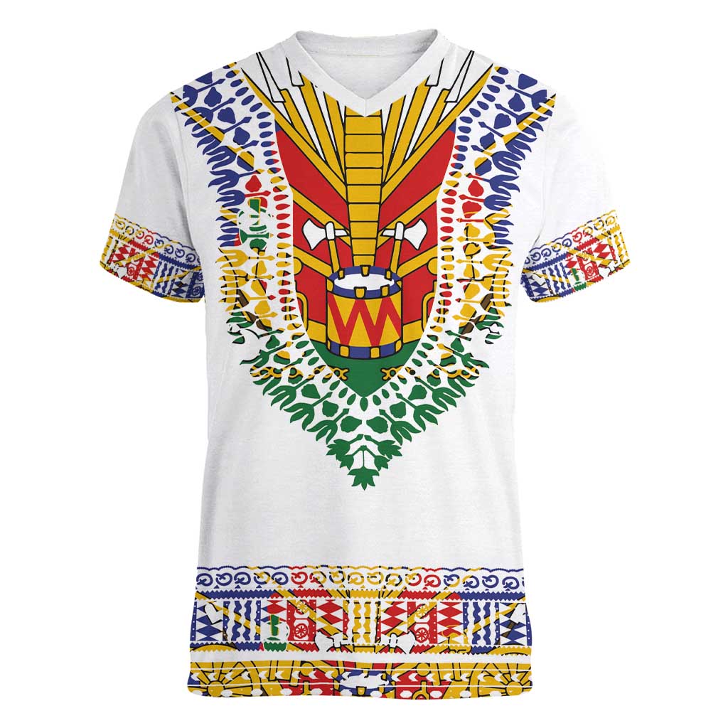Haiti Flag Traditional Dashiki Women V-Neck T-Shirt White Color LT03 Female White - Polynesian Pride
