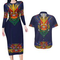 Haiti Flag Traditional Dashiki Couples Matching Long Sleeve Bodycon Dress and Hawaiian Shirt Black Color LT03 Black - Polynesian Pride