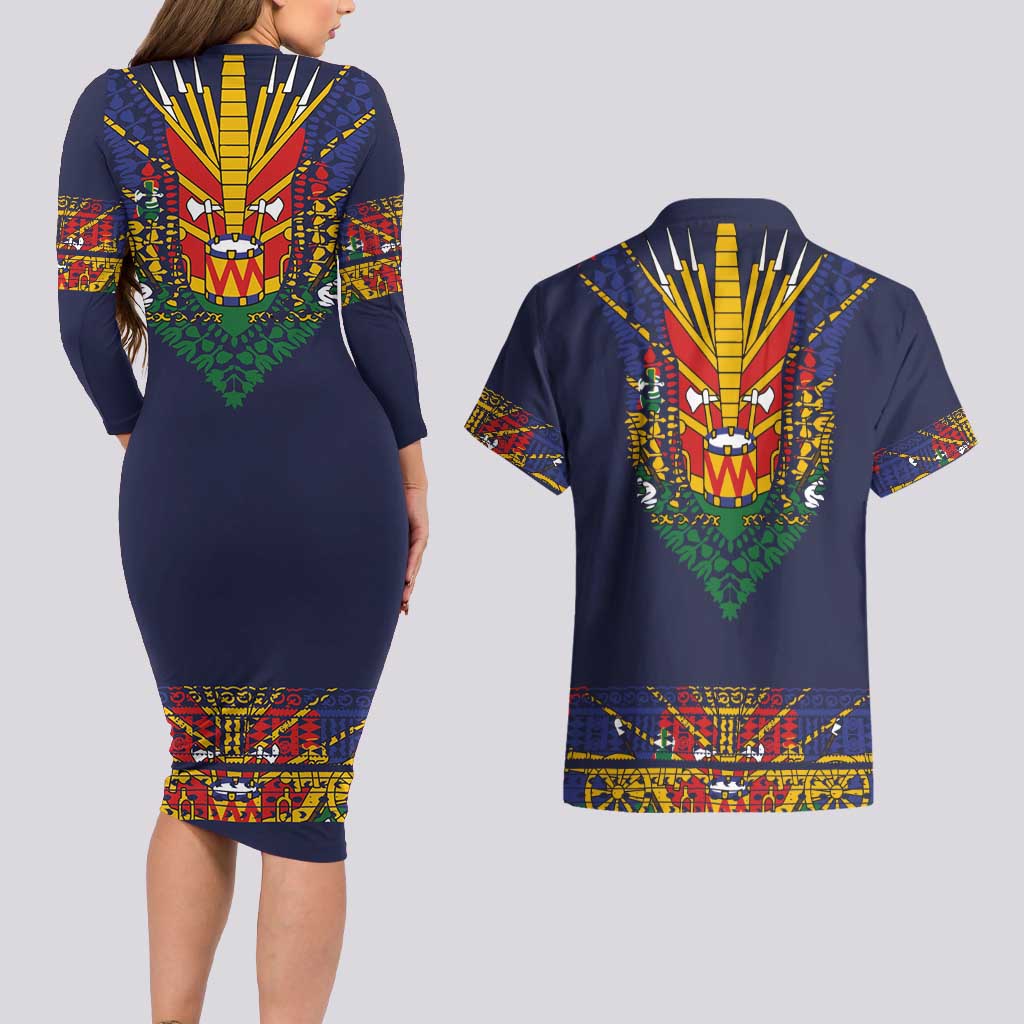 Haiti Flag Traditional Dashiki Couples Matching Long Sleeve Bodycon Dress and Hawaiian Shirt Black Color LT03 - Polynesian Pride