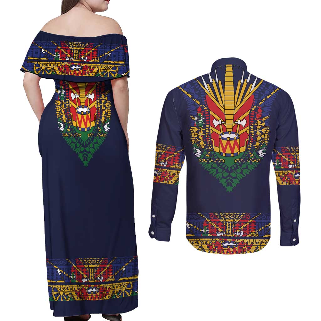 Haiti Flag Traditional Dashiki Couples Matching Off Shoulder Maxi Dress and Long Sleeve Button Shirt Black Color LT03 - Polynesian Pride