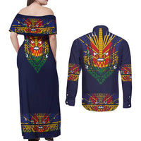 Haiti Flag Traditional Dashiki Couples Matching Off Shoulder Maxi Dress and Long Sleeve Button Shirt Black Color LT03 - Polynesian Pride