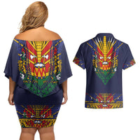 Haiti Flag Traditional Dashiki Couples Matching Off Shoulder Short Dress and Hawaiian Shirt Black Color LT03 - Polynesian Pride