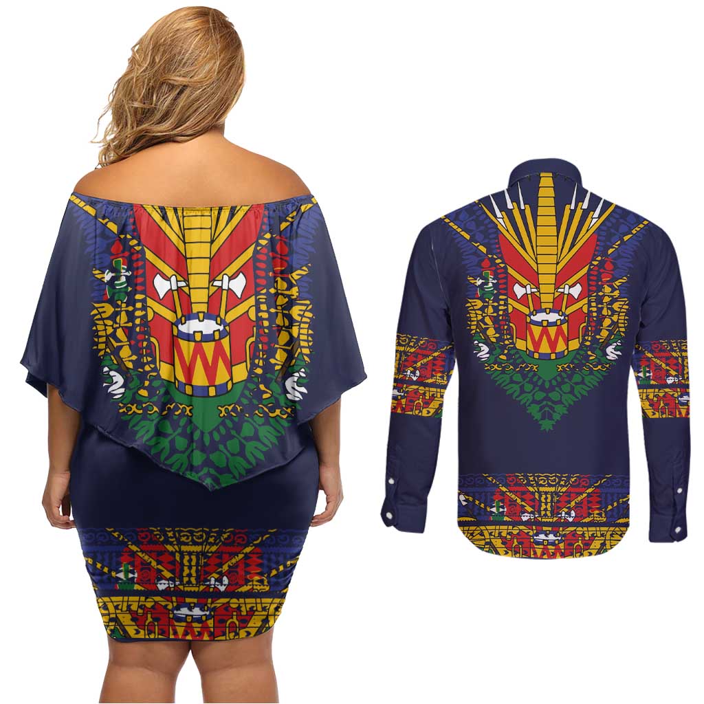 Haiti Flag Traditional Dashiki Couples Matching Off Shoulder Short Dress and Long Sleeve Button Shirt Black Color LT03 - Polynesian Pride
