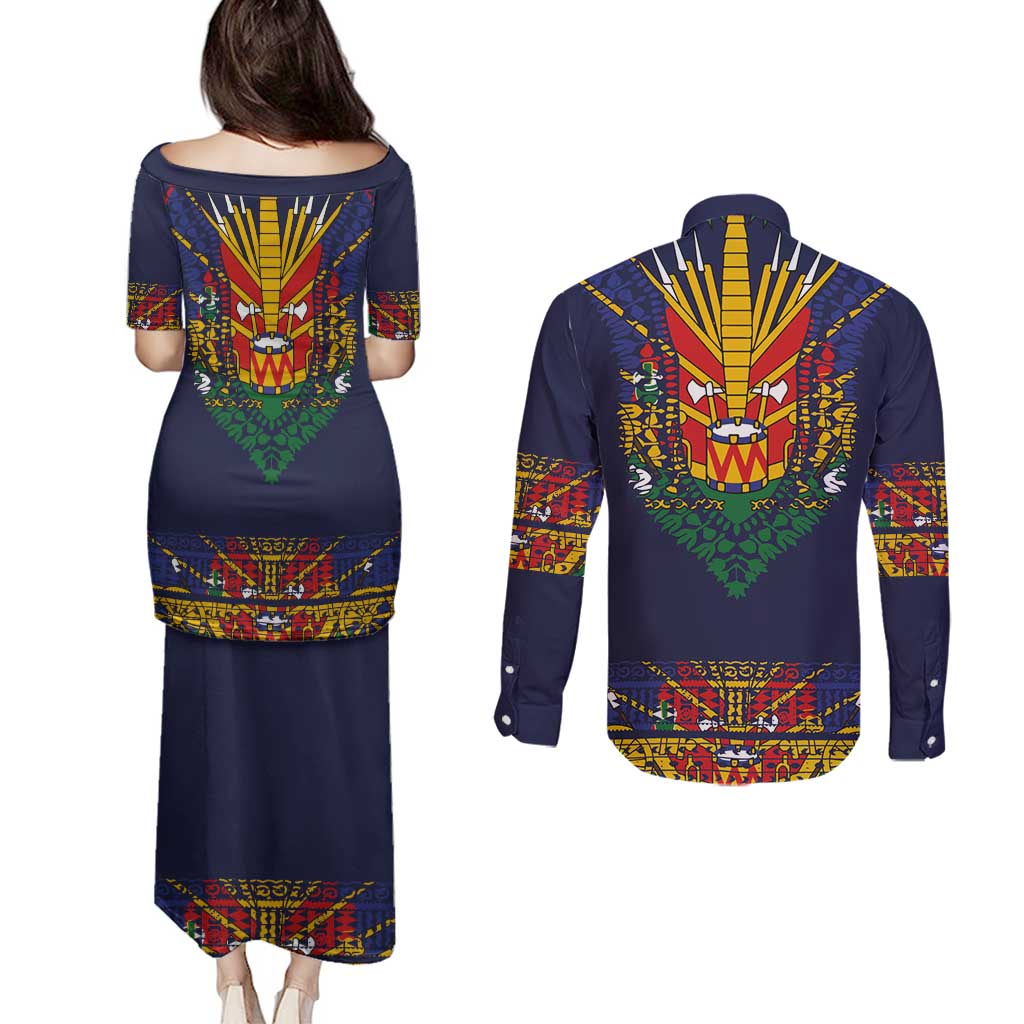 Haiti Flag Traditional Dashiki Couples Matching Puletasi and Long Sleeve Button Shirt Black Color - Polynesian Pride