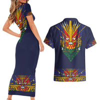 Haiti Flag Traditional Dashiki Couples Matching Short Sleeve Bodycon Dress and Hawaiian Shirt Black Color LT03 - Polynesian Pride