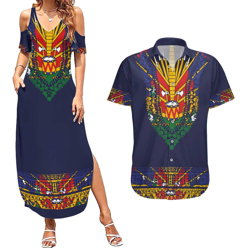 Haiti Flag Traditional Dashiki Couples Matching Summer Maxi Dress and Hawaiian Shirt Black Color LT03 Black - Polynesian Pride