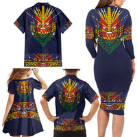 Haiti Flag Traditional Dashiki Family Matching Long Sleeve Bodycon Dress and Hawaiian Shirt Black Color LT03 - Polynesian Pride