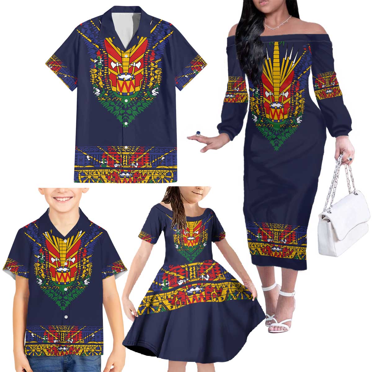 Haiti Flag Traditional Dashiki Family Matching Off The Shoulder Long Sleeve Dress and Hawaiian Shirt Black Color - Polynesian Pride