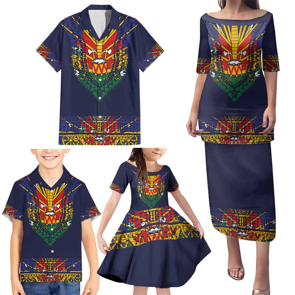 Haiti Flag Traditional Dashiki Family Matching Puletasi and Hawaiian Shirt Black Color - Polynesian Pride