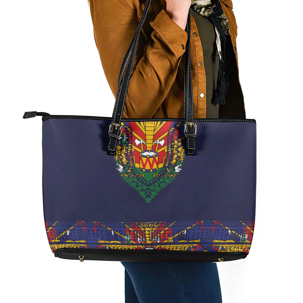Haiti Flag Traditional Dashiki Leather Tote Bag Black Color LT03 - Polynesian Pride