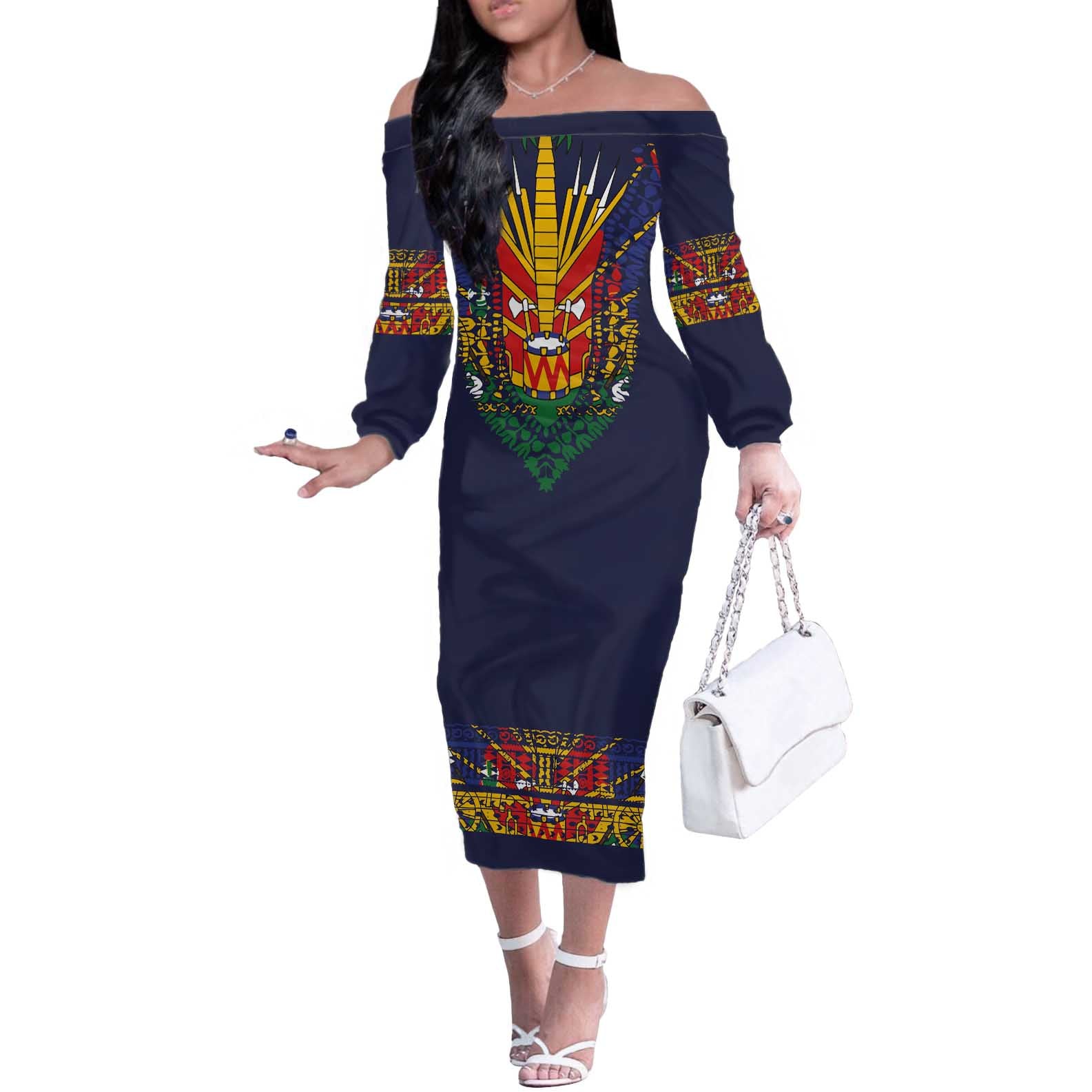 Haiti Flag Traditional Dashiki Off The Shoulder Long Sleeve Dress Black Color - Polynesian Pride