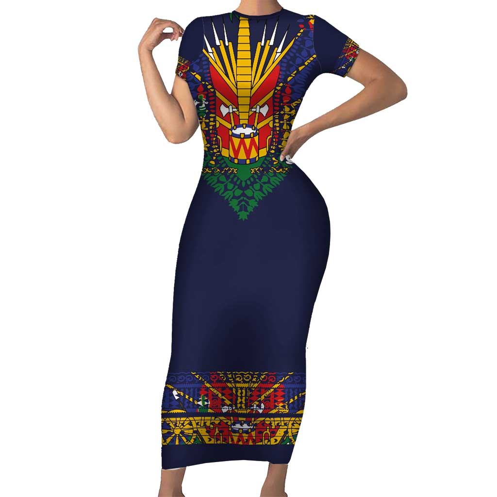 Haiti Flag Traditional Dashiki Short Sleeve Bodycon Dress Black Color - Polynesian Pride