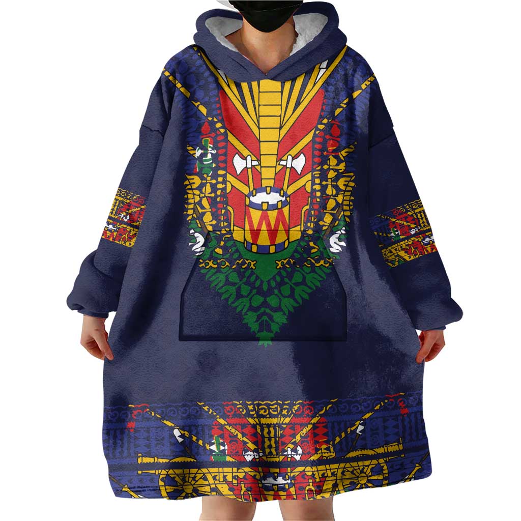 Haiti Flag Traditional Dashiki Wearable Blanket Hoodie Black Color - Polynesian Pride