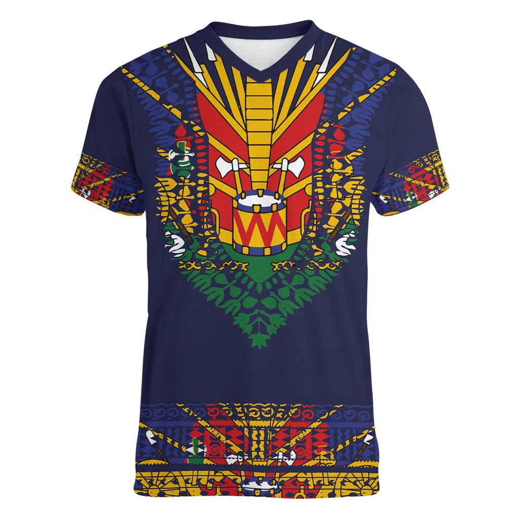 Haiti Flag Traditional Dashiki Women V-Neck T-Shirt Black Color LT03 Female Black - Polynesian Pride