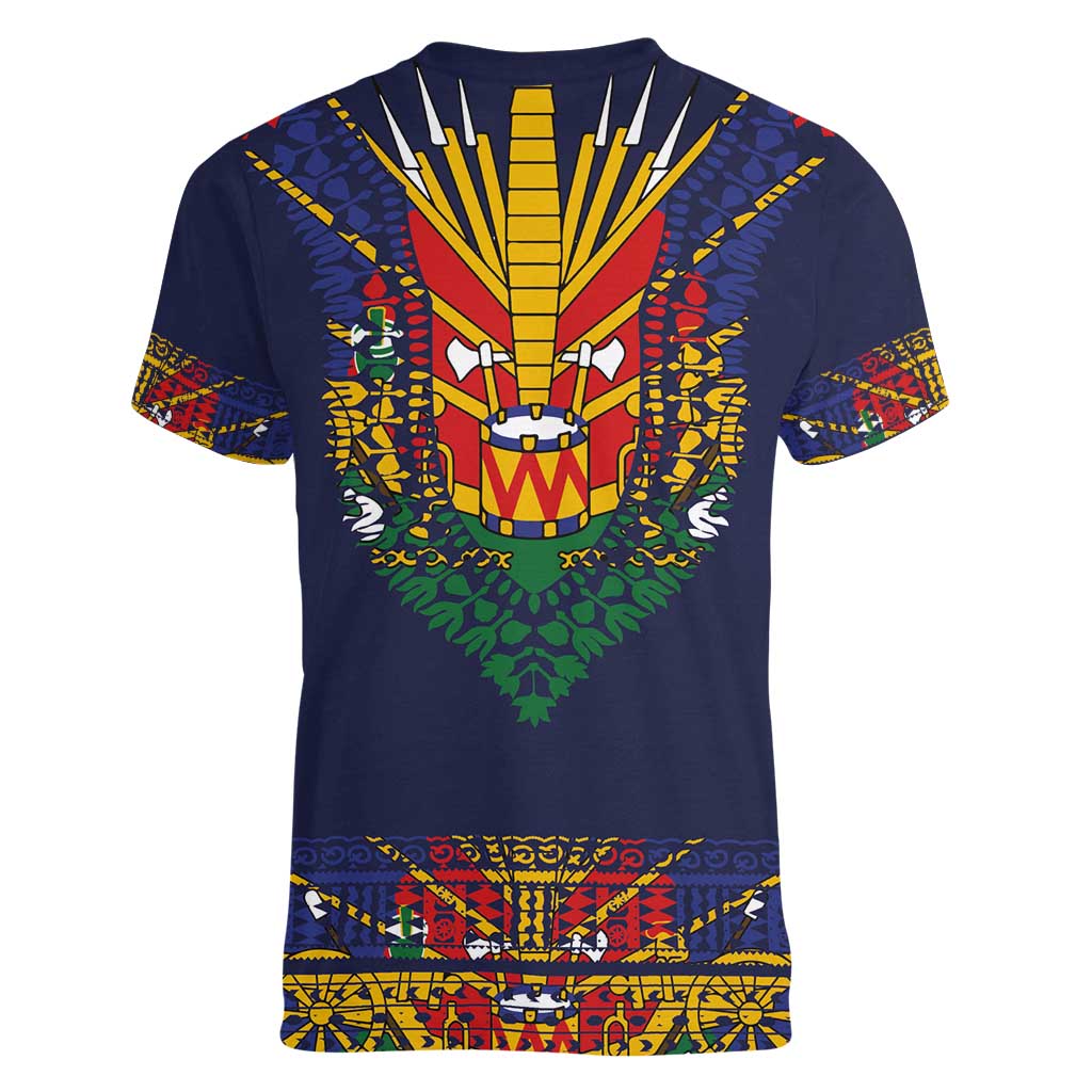 Haiti Flag Traditional Dashiki Women V-Neck T-Shirt Black Color - Polynesian Pride