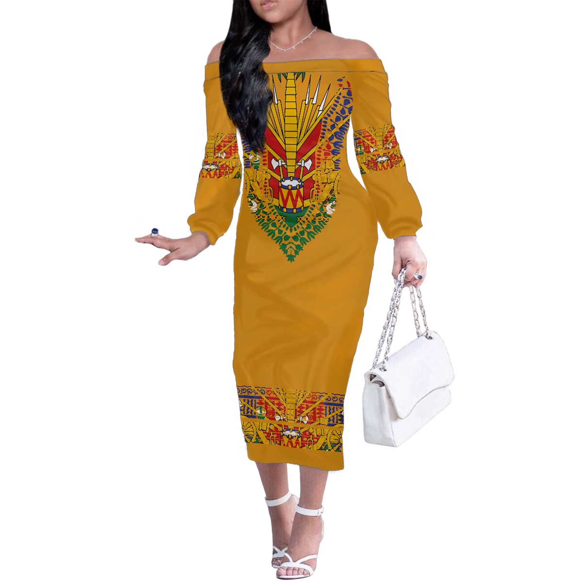 Haiti Flag Traditional Dashiki Family Matching Off The Shoulder Long Sleeve Dress and Hawaiian Shirt Yellow Color - Polynesian Pride