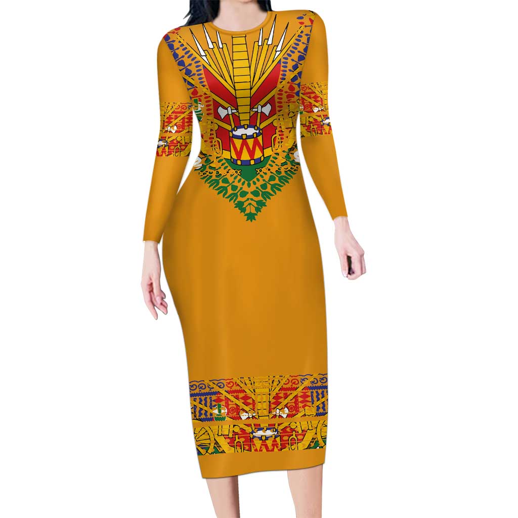 Haiti Flag Traditional Dashiki Long Sleeve Bodycon Dress Yellow Color - Polynesian Pride