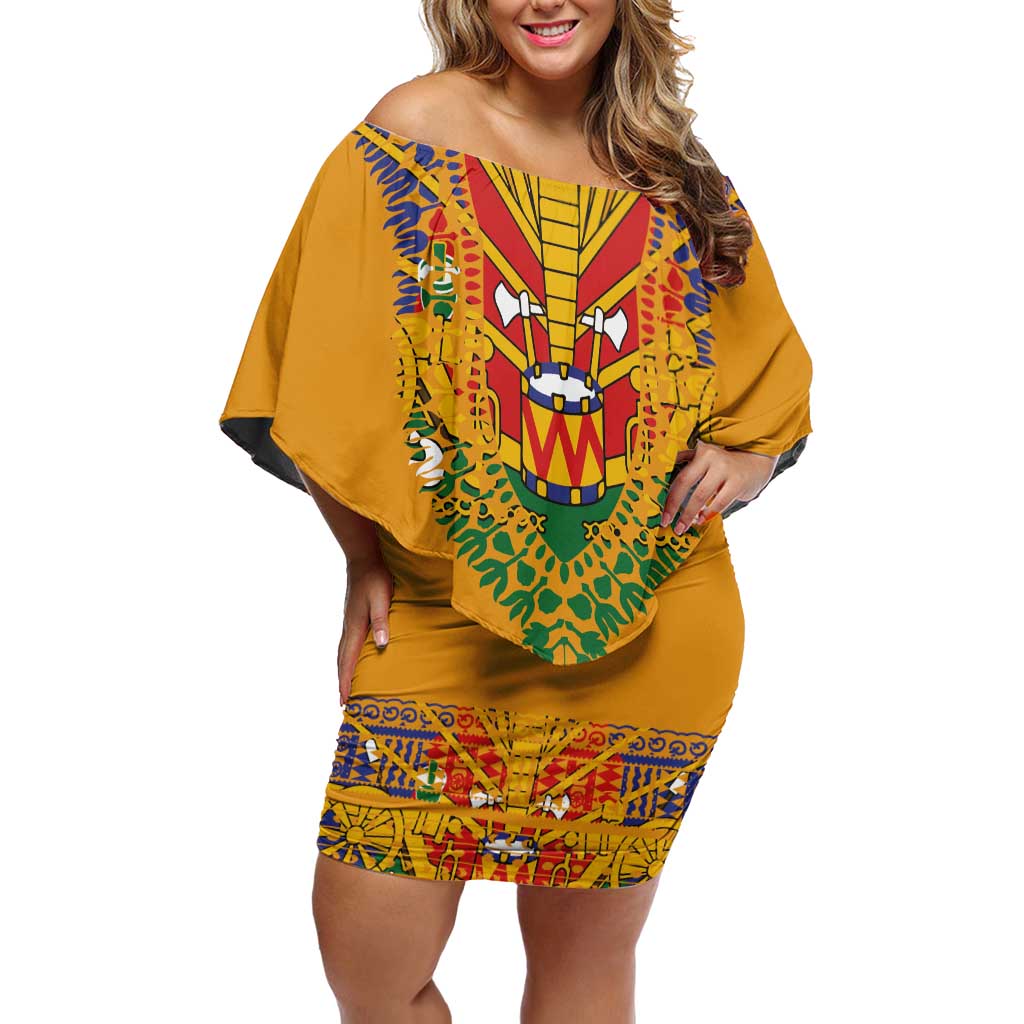 Haiti Flag Traditional Dashiki Off Shoulder Short Dress Yellow Color - Polynesian Pride