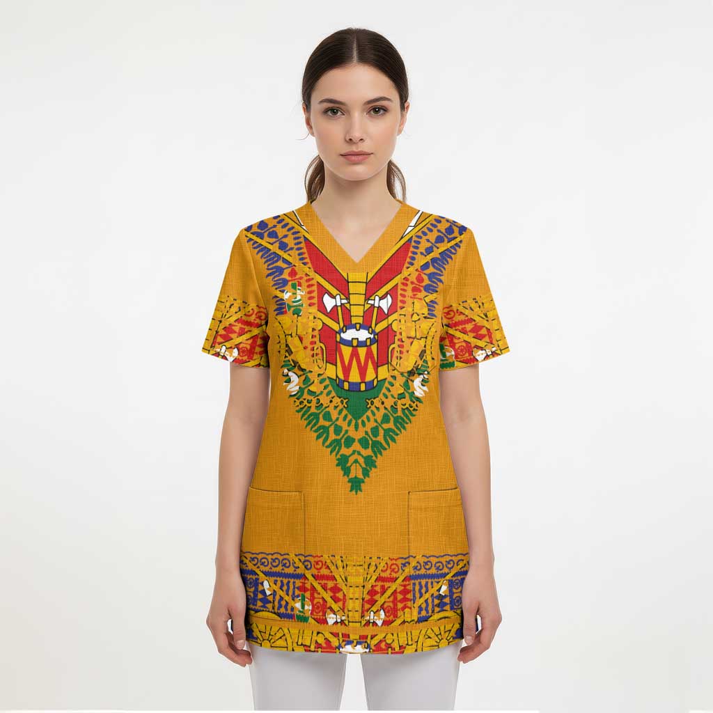 Haiti Flag Traditional Dashiki Scrub Top Yellow Color - Polynesian Pride