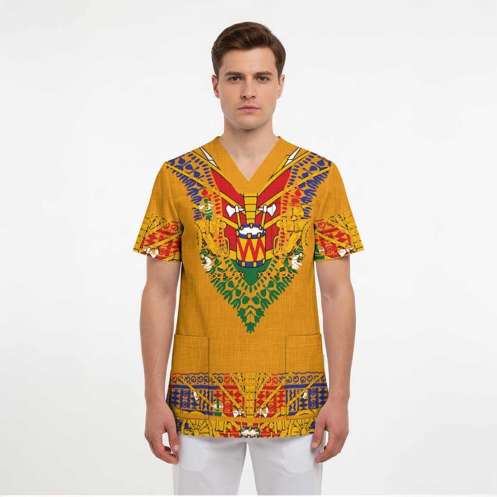 Haiti Flag Traditional Dashiki Scrub Top Yellow Color - Polynesian Pride