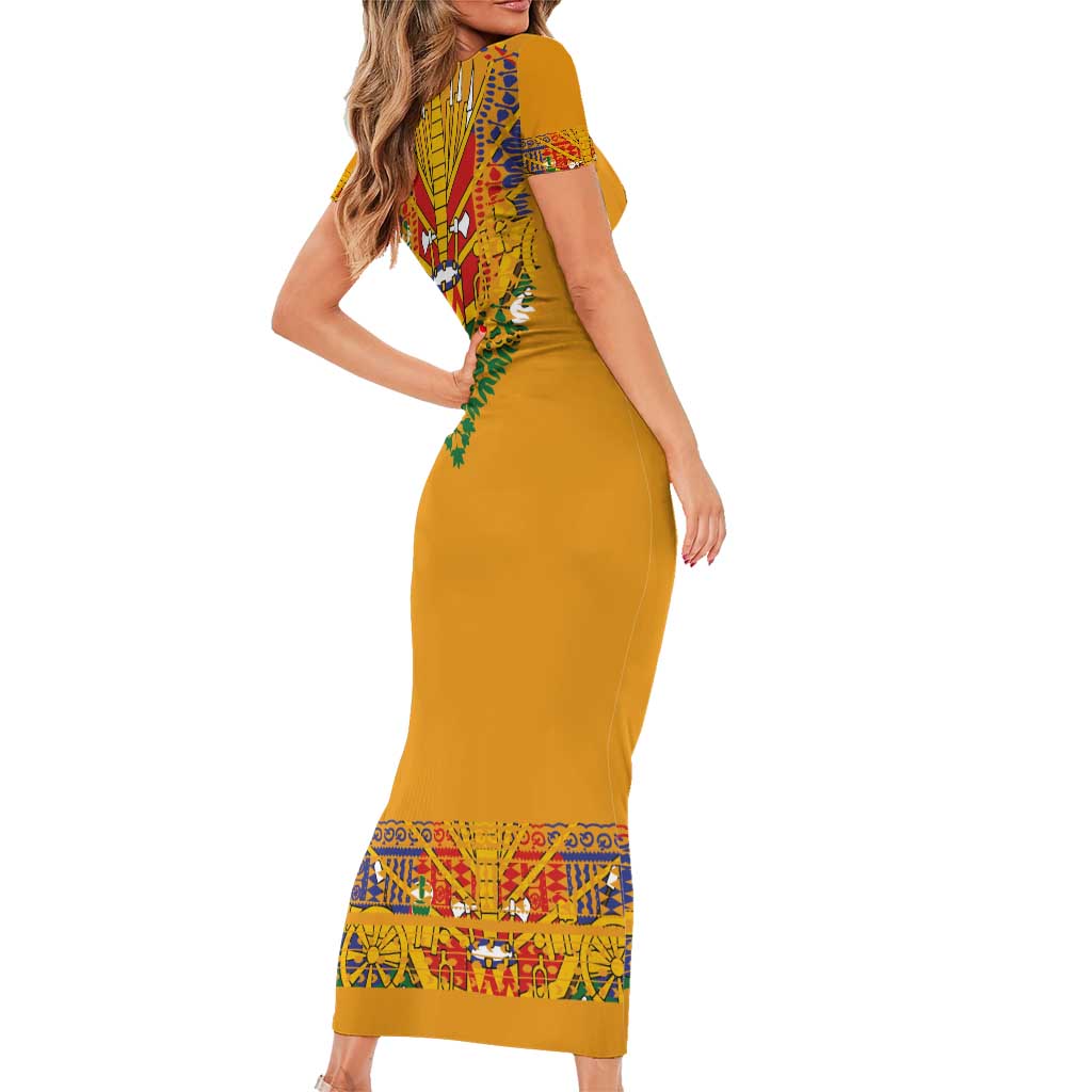 Haiti Flag Traditional Dashiki Short Sleeve Bodycon Dress Yellow Color - Polynesian Pride