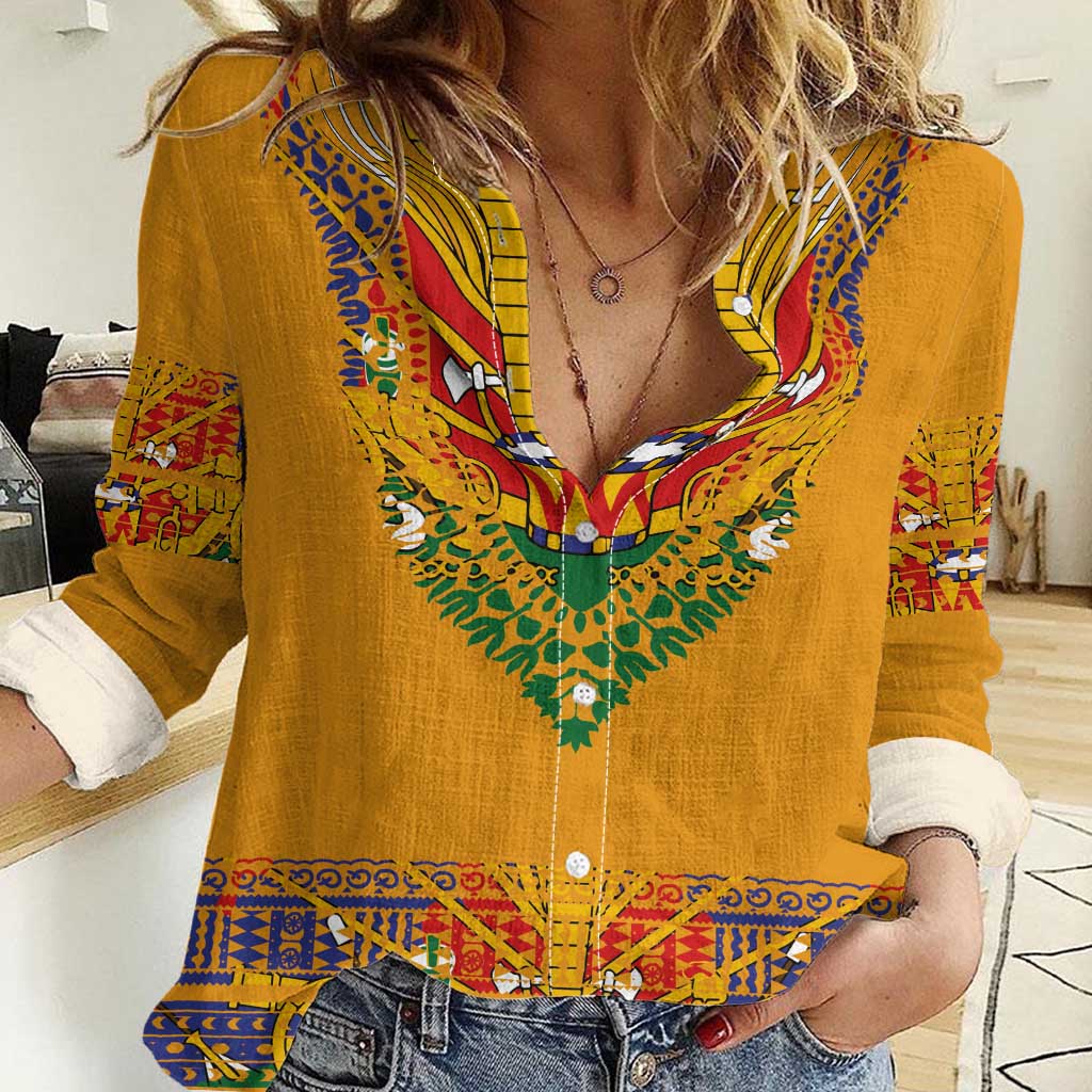 Haiti Flag Traditional Dashiki Women Casual Shirt Yellow Color - Polynesian Pride