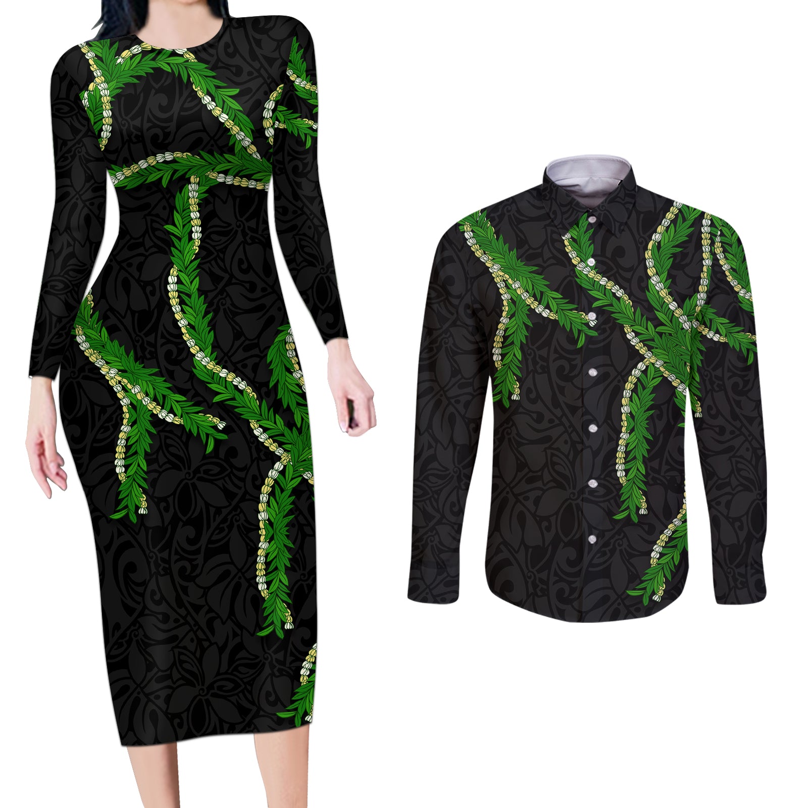 Hawaii Maile Lei Couples Matching Long Sleeve Bodycon Dress and Long Sleeve Button Shirt Aloha Black Color