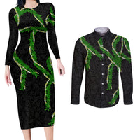 Hawaii Maile Lei Couples Matching Long Sleeve Bodycon Dress and Long Sleeve Button Shirt Aloha Black Color