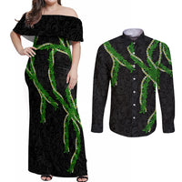 Hawaii Maile Lei Couples Matching Off Shoulder Maxi Dress and Long Sleeve Button Shirt Aloha Black Color